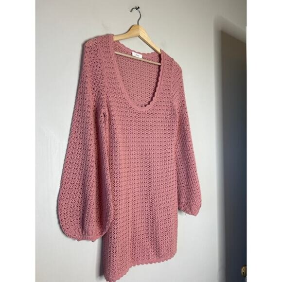 NEW Peony Pointelle Long Sleeve U Neckline Cotton Mini Dress Rose Size: Small - Picture 3 of 8